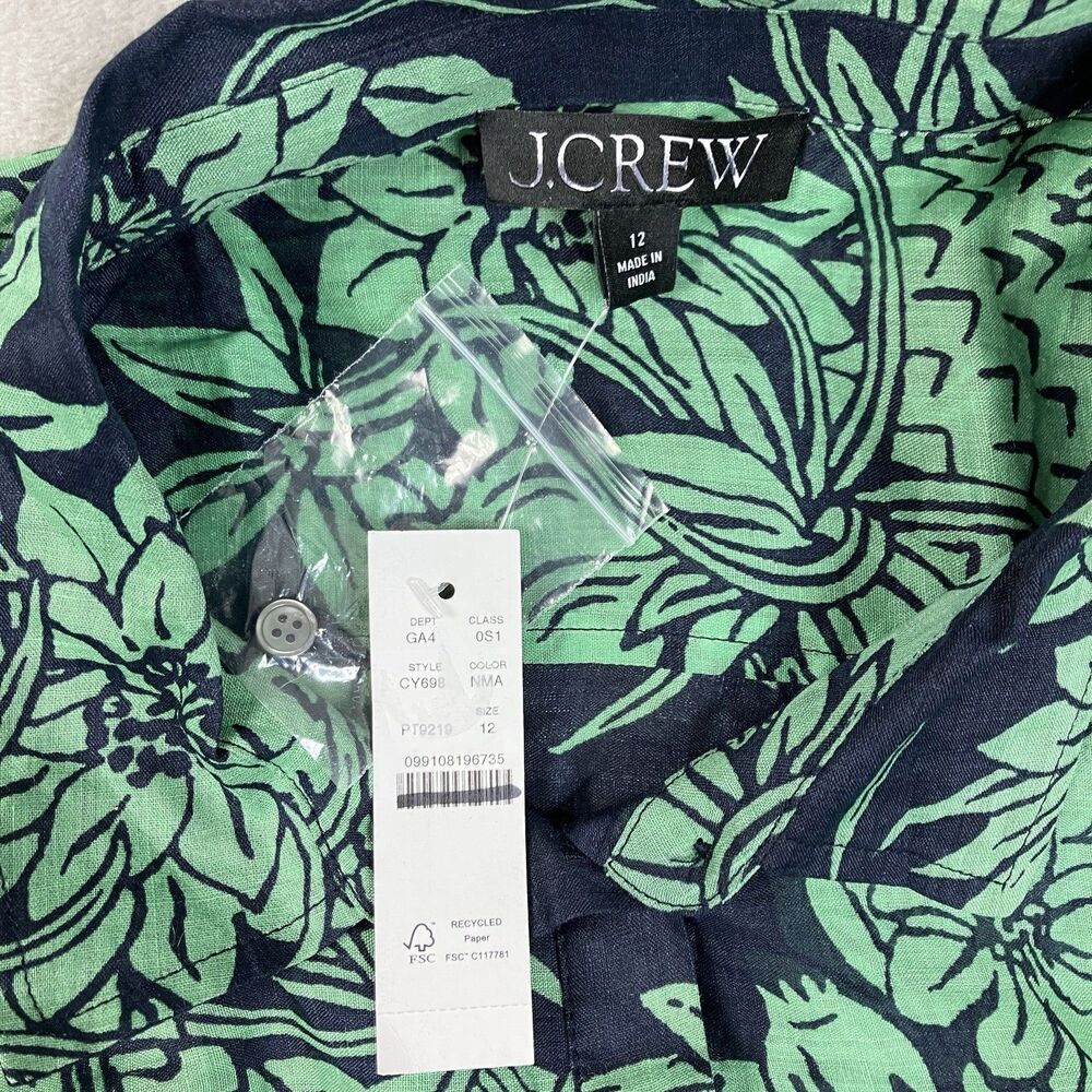 J Crew Ramie Cerise Shirt Dress Womens 12 Navy Green Pineapple Print Midi - Picture 6 of 16